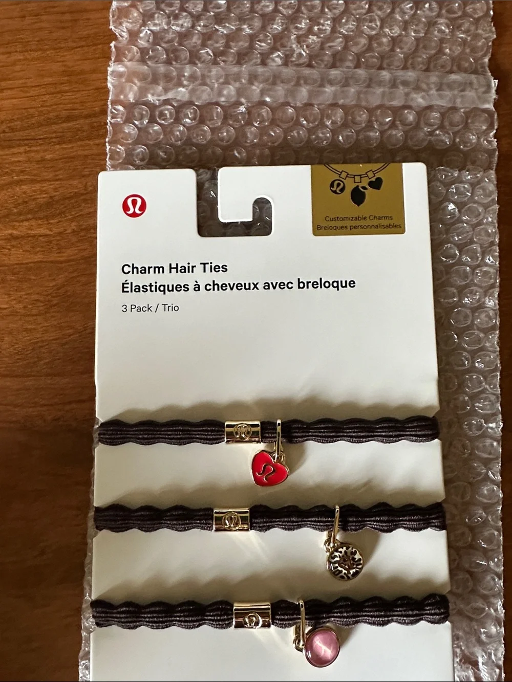 Lululemon Charm Hair Ties - Brown with Red & Pink Charms (3 Pack) NWT